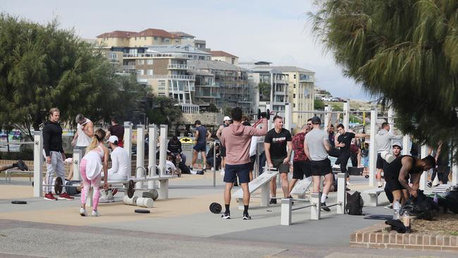 Bondi locals in Sydney are not letting lockdown stop them from getting out and about. Picture: Richard Dobson