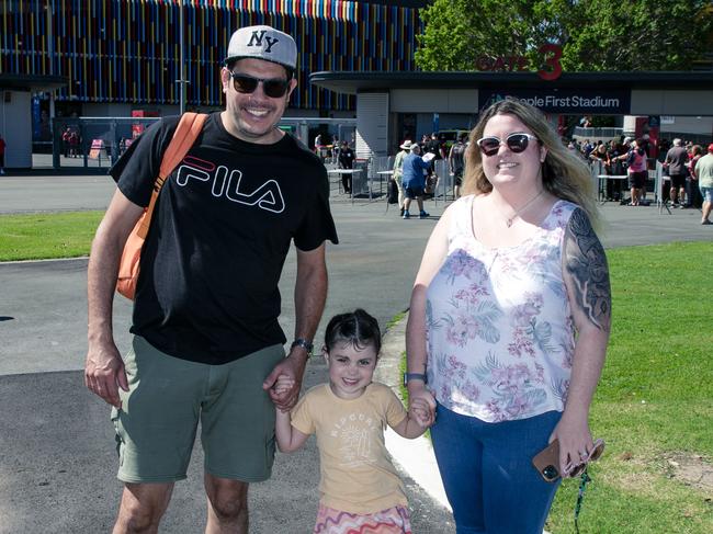 Dony, Steffany and Matilda Figueira before the Gold Coast Swans take on the Sydney Swans at People First Stadium, Carrara. Picture: Glen Campbell