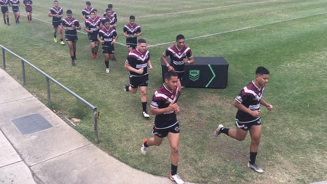 Marsden SHS players leave the field at halftime against St Brendan's in the NRL Schoolboy Cup state semi-final.