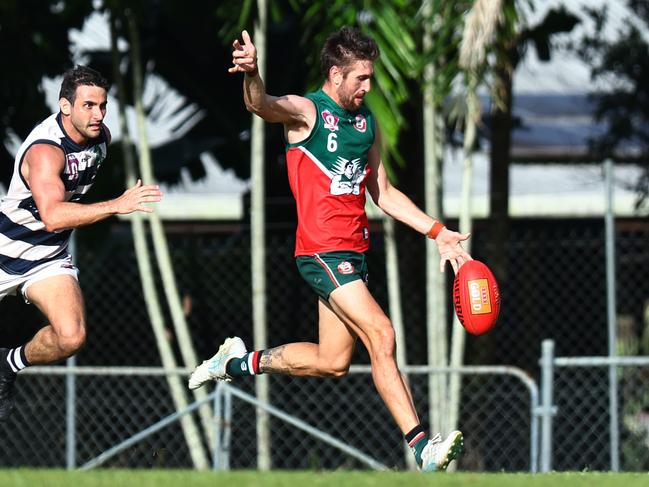 Cutters' Liam McCarthy gets a kick away in the AFL Cairns senior men's match between the South Cairns Cutters and the Port Douglas Crocs, held at Fretwell Park. Picture: Brendan Radke