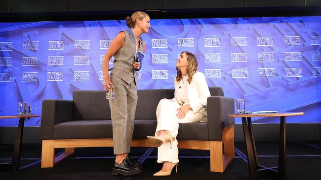 Grace Tame and Brittany Higgins ahead of addressing the National Press Club. Picture: Gary Ramage