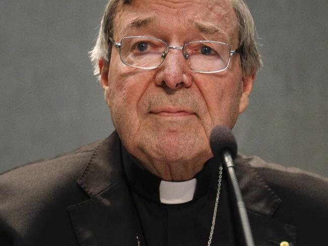 Cardinal George Pell addresses the media at the Vatican. Picture: AP Photo/Gregorio Borgia