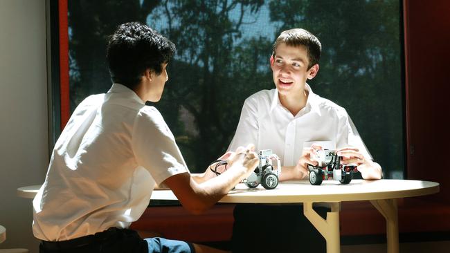 Robotics student's Daniel Carton and Naveen Hingorani 15 at Cannon Hill Anglican College. The school has been ranked one of the best on Brisbane’s southside. Picture: AAP/Sarah Marshall