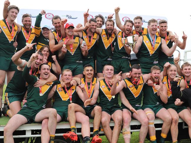 The Mudlarks celebrate their drought-breaking GSFL premiership. Picture: Dos Photography