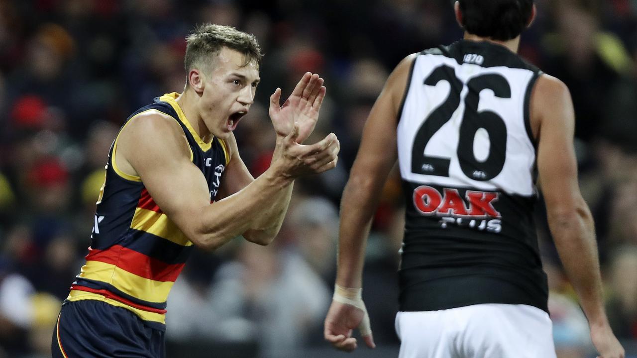 Tom Doedee celebrates a goal against Adelaide Oval this year.
