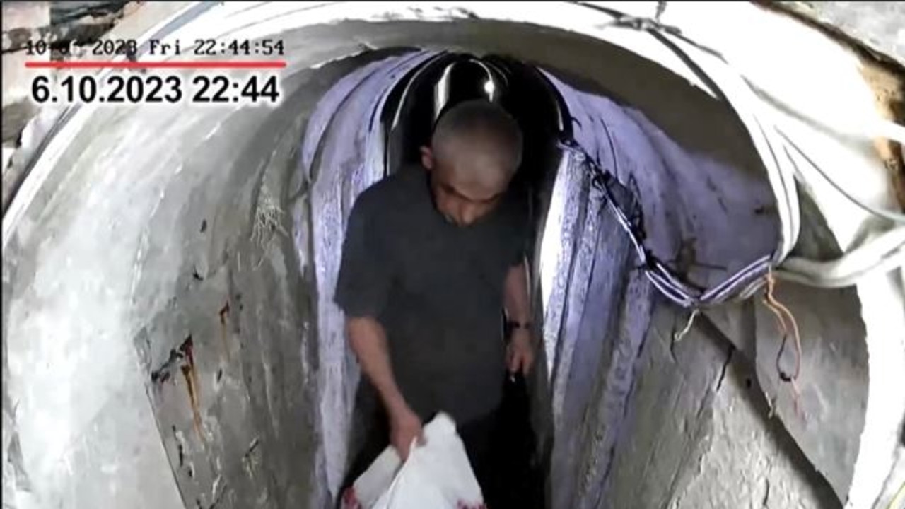 The Israel army has released footage it says shows Hamas leader Yahya Sinwar fleeing underground before the October 7 attack. Picture: IDF