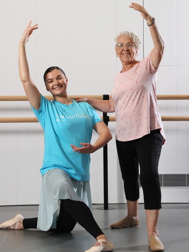 Dance instructor and Queensland Ballet Head of Community Engagement, Lily Spencer instructing Dance Moves participant Meg Sugden, 68, at the Thomas Dixon Centre in the Brisbane suburb of West End. Picture: Liam Kidston