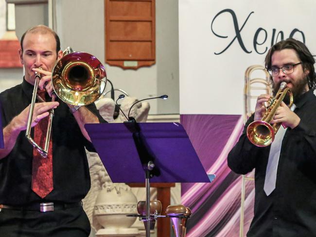 John Cosic and Michael McKay perform with Ipswich City Orchestra in the Brass on Safari tour. St Paul's Anglican Church, Ipswich, May 8, 2021.