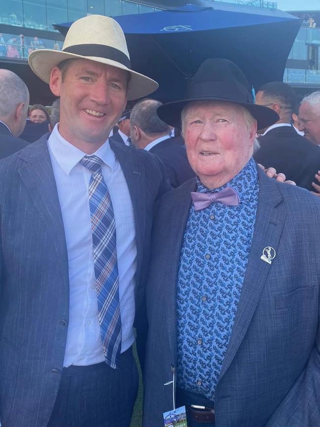 Trainer Ciaron Maher with Allan Robertson, a part-owner of The Everest hope I Am Me. Picture: Supplied