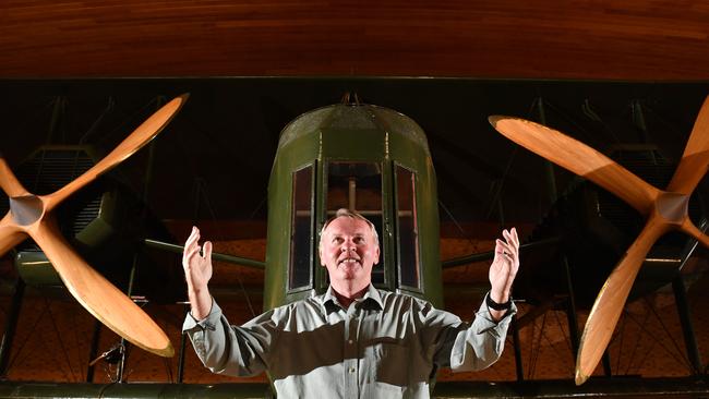 Andy Thomas with the Vickers Vimy Aircraft. Picture: Keryn Stevens/AAP