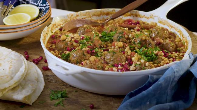 Tomato-based lamb kefta with chickpeas and fregola