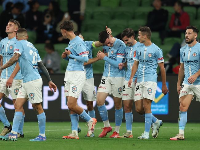Medin Memeti celebrates one of Melbourne City’s five goals. Picture: Robert Cianflone/Getty Images