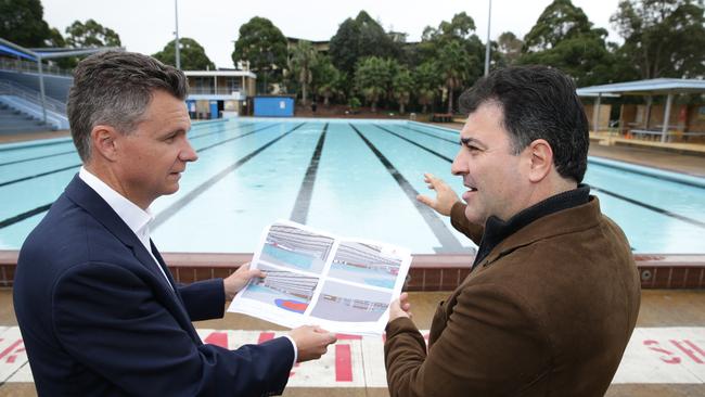 Matt Thistlethwaite MP, left, (pictured in 2016 with then Botany deputy mayor Stan Kondilios) has campaigned for an indoor pool so the centre can open year round. Picture: Craig Wilson