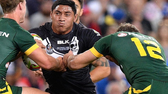 BRISBANE, AUSTRALIA - OCTOBER 25: Jason Taumalolo of New Zealand takes on the defence during the Four Nations Rugby League match between the Australian Kangaroos and New Zealand Kiwis at Suncorp Stadium on October 25, 2014 in Brisbane, Australia. (Photo by Bradley Kanaris/Getty Images)