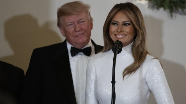 Melania Trump, watched by husband Donald Trump, speaks at the Congressional Ball in Washington at the weekend. Picture: AP