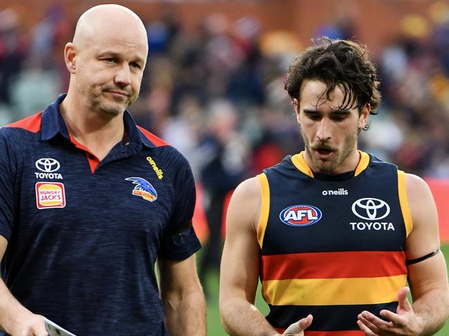 ADELAIDE, AUSTRALIA - JULY 01: Lachlan Murphy of the Crows speaks to Matthew Nicks coach of the Crows after the round 16 AFL match between Adelaide Crows and Melbourne Demons at Adelaide Oval, on July 01, 2023, in Adelaide, Australia. (Photo by Mark Brake/Getty Images)