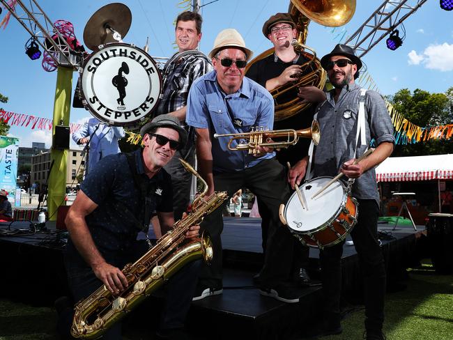 The Southside Steppers, from left, Dan Sulzberger on baritone sax, Mitch Partridge on drum, Steve Hall on trumpet, Hayden Dare on sousaphone and Joe Vukic on snare drum will perform at The Taste of Tasmania on New Year’s Eve. Picture: NIKKI DAVIS-JONES