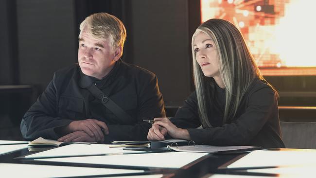 What’s to come ... Julianne Moore and the late Philip Seymour Hoffman in the new Hunger Games film, Mockingjay Part 1. Picture: Village roadshow