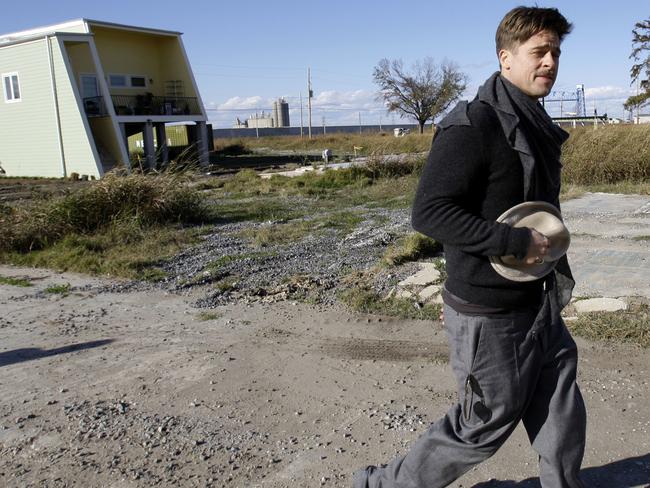 Brad Pitt in the Lower 9th Ward near a home built by the Make It Right Foundation in 2008. Picture: AP