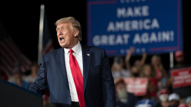 Donald Trump addresses the crowd during a campaign rally at Smith Reynolds Airport, North Carolina. Picture: Getty Images