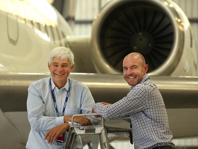 Alliance Airlines’ managing director Scott McMillan (L) and CEO Lee Schofield believe they can legally expect all employees to have the Covid vaccination. Picture: Lyndon Mechielsen