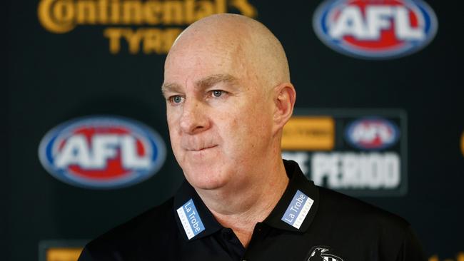 MELBOURNE, AUSTRALIA - OCTOBER 09: Graham Wright, GM of Football of the Magpies speaks with media during the 2023 Continental Tyres AFL Trade Period at Marvel Stadium on October 09, 2023 in Melbourne, Australia. (Photo by Michael Willson/AFL Photos via Getty Images)