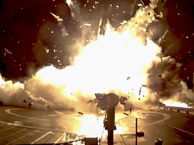 This image from a video posted on YouTube by SpaceX on Sept. 14, 2017 shows one of the unsuccessful landings of the company's orbital rocket boosters. SpaceX chief Elon Musk can afford to poke fun at his early, pioneering efforts at rocket recycling, now that his private company has pulled off 16 successful booster landings. The most recent occurred in early September 2017 in Florida. (SpaceX via AP)