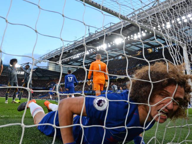 Chelsea's Brazilian defender David Luiz reacts as he finds himself in the Leicester goal after missing a good chance. Picture: Ben Stansall/AFP