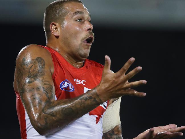 Sydney's Lance Franklin marks during AFL match GWS Giants v Sydney Swans during JLT Series match at Blacktown. Picture. Phil Hillyard