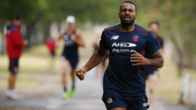 Demons recruit Heritier Lumumba in pain crossing the finish line. Picture: Wayne Ludbey