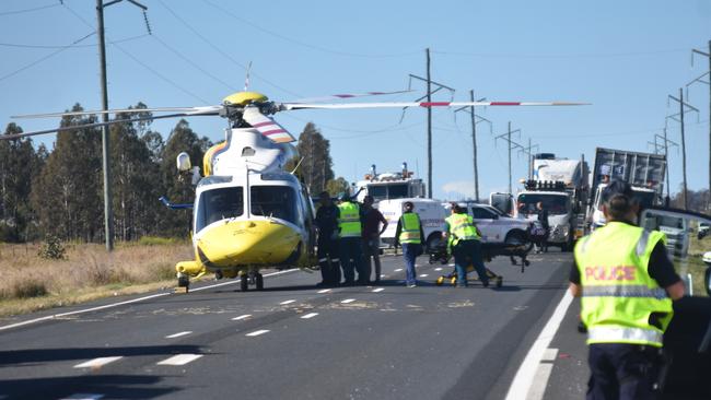 HEARTBREAKING: Emergency services rushed to a car and truck collision along the Warrego Highway in Bowenville on June 18. Picture: Sam Turner