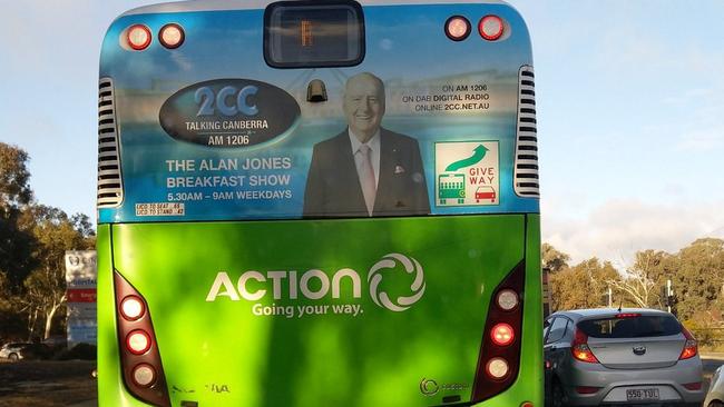 A bid backed by Greens politicians in Canberra to ban "offensive" ads on local buses featuring top broadcaster Alan Jones has failed. Picture: Supplied