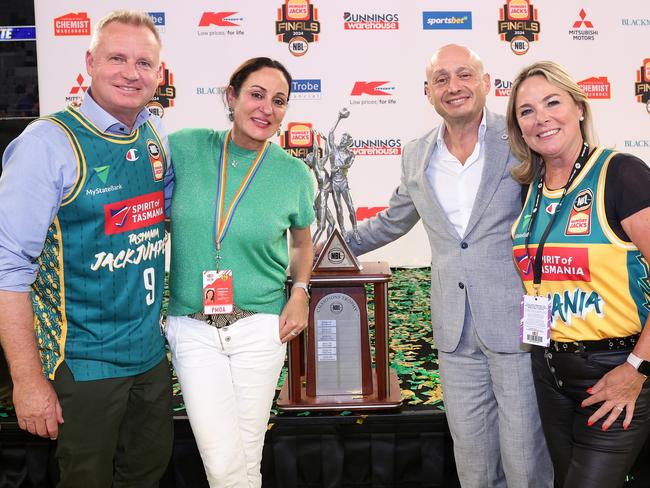 MJeremy Rockliff, Premier of Tasmania, JackJumpers CEO Christine Finnegan and NBL Owner Larry Kestelman after last season’s championship win. (Photo by Kelly Defina/Getty Images)