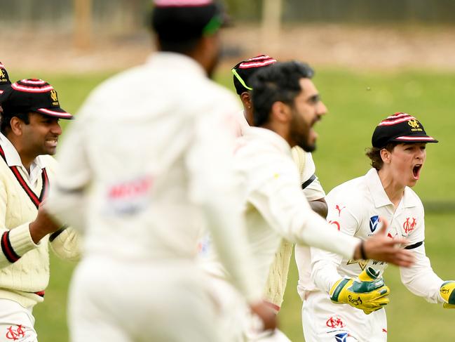 Alex Chandler of Moorabbin celebrates taking the wicket of RoryÃFreeman of Ormond during the VSDCA match between Moorabbin and Ormond at Moorleigh Community Village Reserve, on October 28, 2023, in Melbourne, Australia. (Photo by Josh Chadwick)