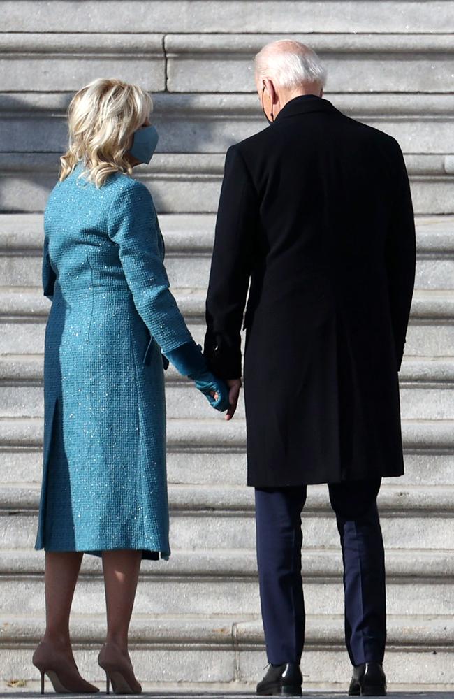 Joe and Jill Biden on the East Front of the US Capitol during their arrival at the ceremony. They have been married for nearly 44 years. Picture: Getty Images