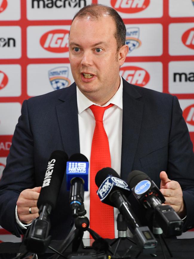 Former Adelaide United Chairman Piet van der Pol at a press conference at Coopers Stadium in 2018. Picture: AAP / David Mariuz