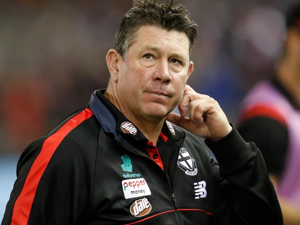 MELBOURNE, AUSTRALIA - MAY 22: Brett Ratten, Senior Coach of the Saints looks on during the 2021 AFL Round 10 match between the Western Bulldogs and the St Kilda Saints at Marvel Stadium on May 22, 2021 in Melbourne, Australia. (Photo by Michael Willson/AFL Photos via Getty Images)