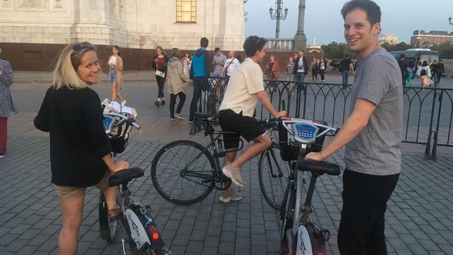 Evan Gershkovich in Moscow, pictured in 2019 alongside Polina Ivanova, left, and Pjotr Sauer, centre, friends who are also Russia correspondents. Picture: WSJ