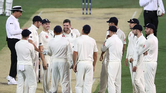 England’s Jimmy Anderson celebrates after taking the wicket of Simon Milenko of the CA XI on Friday.