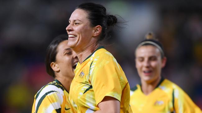 Emily Gielnik celebrates after scoring for the Matildas against Chile. Picture: Getty Images