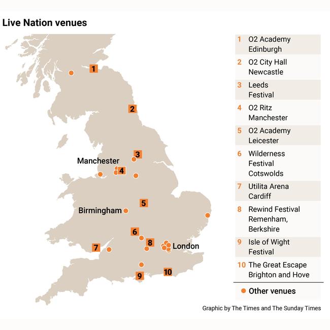 UK Venues owned by Live Nation. Graphic: The Times/The Sunday Times