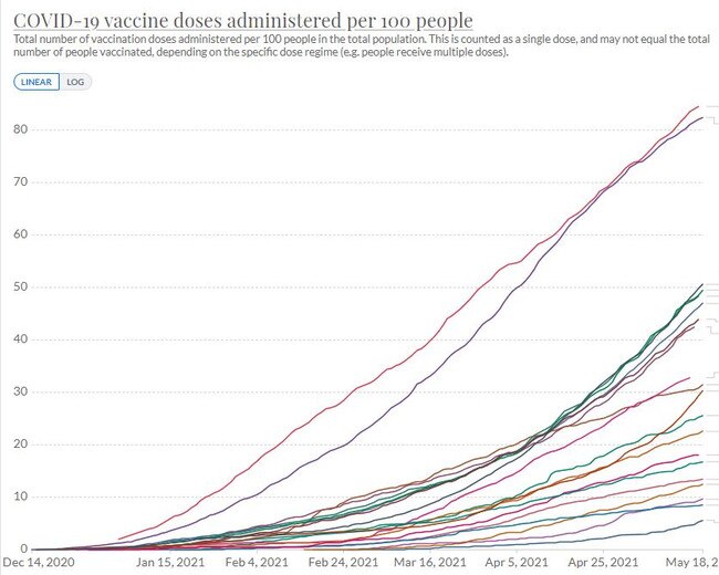 Vaccination rates by country per 100 people. Picture: World In Data