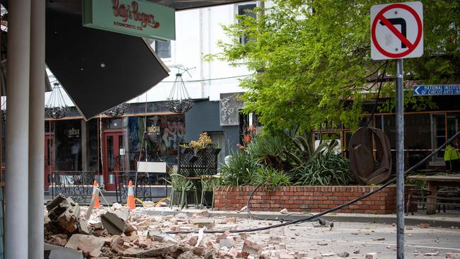 Debris in Melbourne after the quake struck. Picture: Mark Stewart