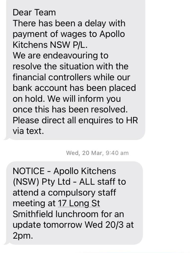 The text message staff received about the delay to their pay, and then the compulsory meeting where they learned they were of a job.