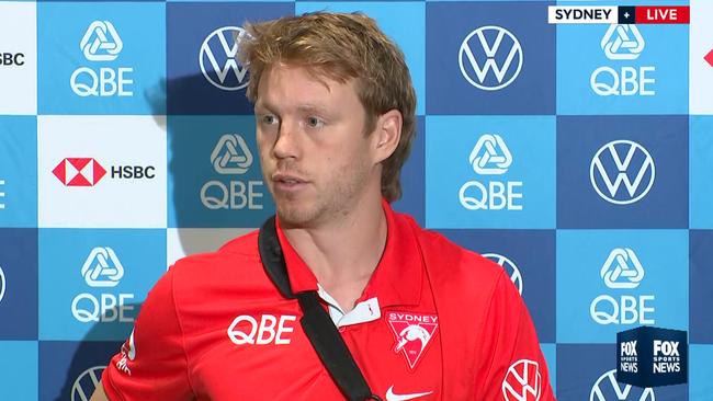 Callum Mills apologised to the Swans and supporters when he faced the media on Wednesday. Picture: Fox Sports