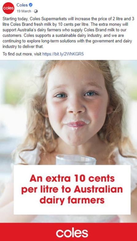 An example of Coles' promise to dairy farmers. Picture: Supplied