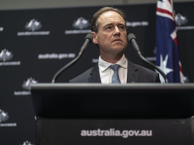 Minister for Foreign Affairs, Minister for Women Marise Payne with Health Minister Greg Hunt and Australian Deputy Chief Medical Officer, Nick Coatsworth during a joint press conference at Parliament House in Canberra. Picture Gary Ramage