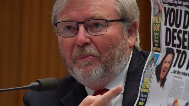 CANBERRA, AUSTRALIA - FEBRUARY 19: Former Prime Minister Kevin Rudd during the public hearing into Media diversity in Australia at the Environment and Communications References Committee in the Main Committee Room at Parliament House on February 19, 2021 in Canberra, Australia. The Senate inquiry into media diversity in Australia is examining the state of media diversity, independence and reliability in Australia and the impact that this has on public interest journalism and democracy. (Photo by Sam Mooy/Getty Images)