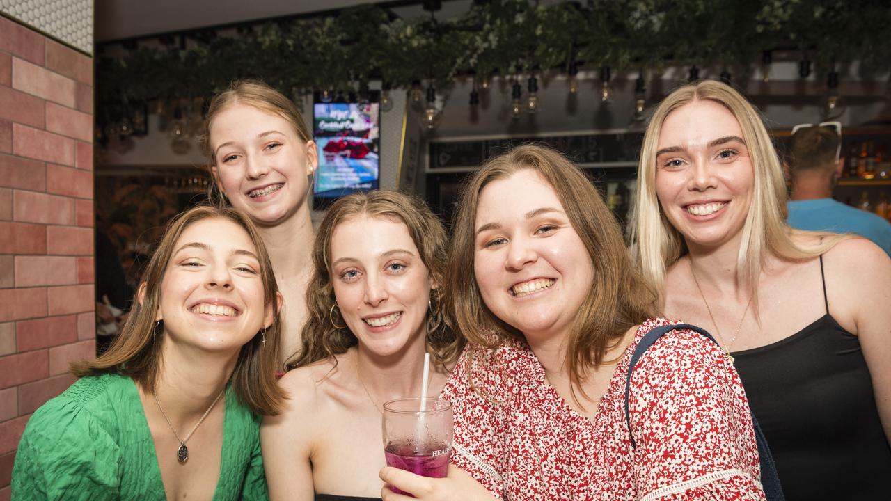 Celebrating New Year's Eve are (from left) Emma Prewett, Olivia Prewett, Elly Coggan, Laura Allen and Gabby Ball at Tatts, Sunday, December 31, 2023. Picture: Kevin Farmer