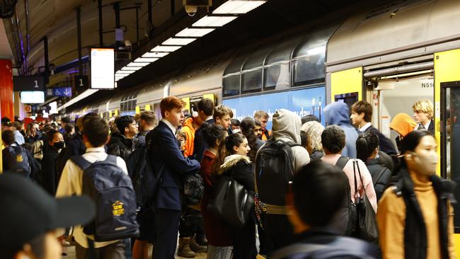 Commuters crammed onto the hourly services running from Bondi Junction on Wednesday afternoon. Picture: Richard Dobson